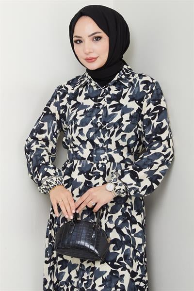 Pastel Çiçek Desenli Antrasit Viskon Elbise