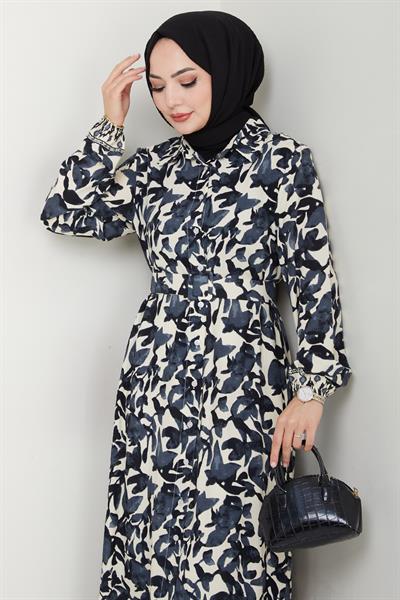 Pastel Çiçek Desenli Antrasit Viskon Elbise