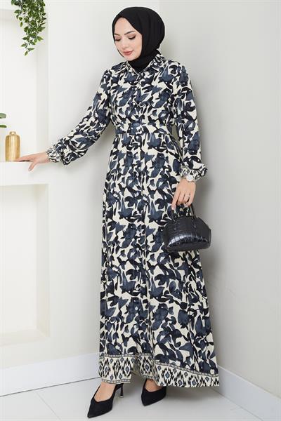 Pastel Çiçek Desenli Antrasit Viskon Elbise