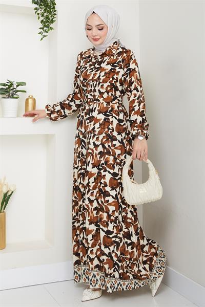 Pastel Çiçek Desenli Kahverengi Viskon Elbise