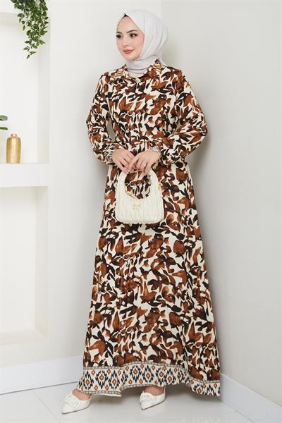 Pastel Çiçek Desenli Kahverengi Viskon Elbise