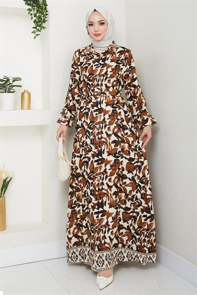 Pastel Çiçek Desenli Kahverengi Viskon Elbise
