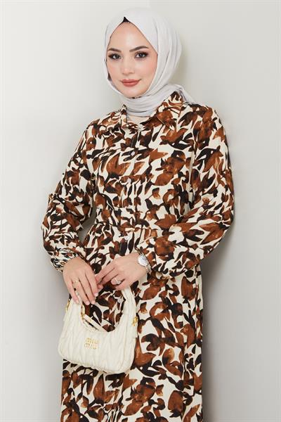 Pastel Çiçek Desenli Kahverengi Viskon Elbise