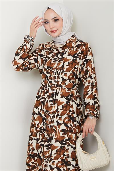 Pastel Çiçek Desenli Kahverengi Viskon Elbise