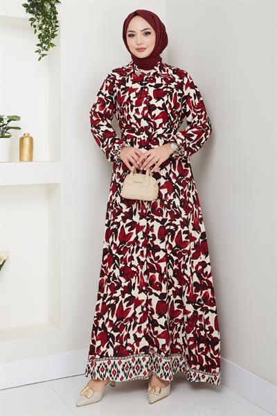 Pastel Çiçek Desenli Kırmızı Viskon Elbise