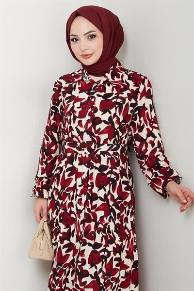 Pastel Çiçek Desenli Kırmızı Viskon Elbise