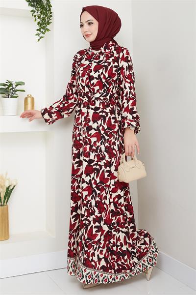 Pastel Çiçek Desenli Kırmızı Viskon Elbise