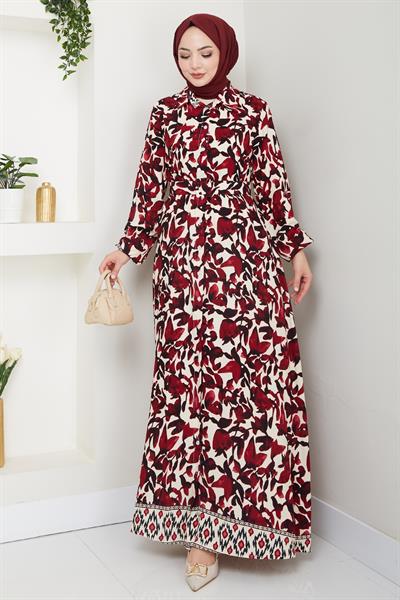 Pastel Çiçek Desenli Kırmızı Viskon Elbise