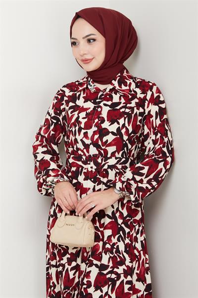 Pastel Çiçek Desenli Kırmızı Viskon Elbise