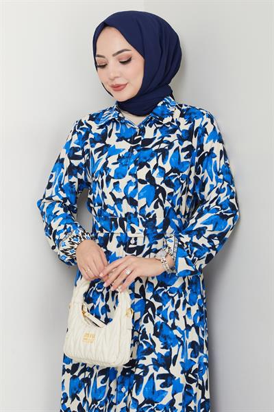 Pastel Çiçek Desenli Saks Mavisi Viskon Elbise