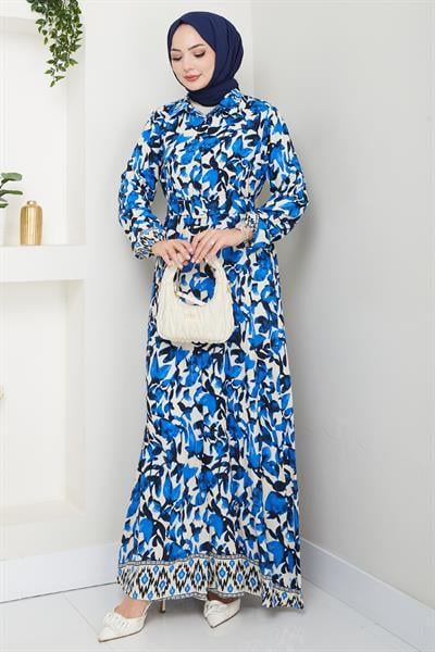 Pastel Çiçek Desenli Saks Mavisi Viskon Elbise