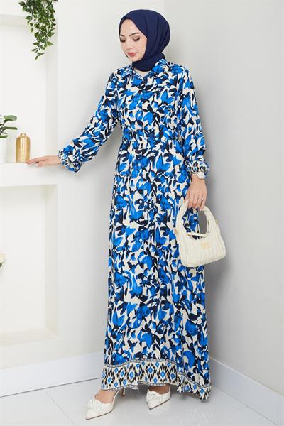 Pastel Çiçek Desenli Saks Mavisi Viskon Elbise