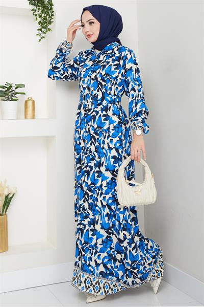 Pastel Çiçek Desenli Saks Mavisi Viskon Elbise