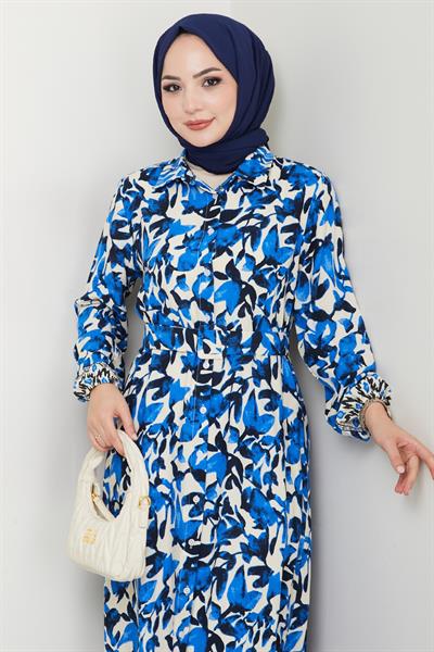 Pastel Çiçek Desenli Saks Mavisi Viskon Elbise