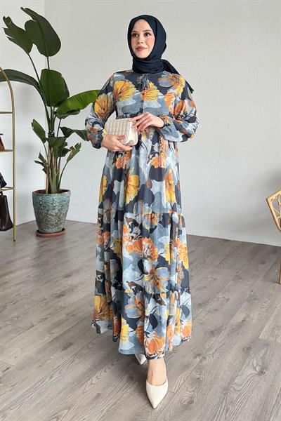 Patlı Desenli Şifon Antrasit Elbise