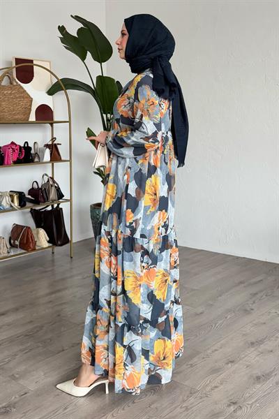 Patlı Desenli Şifon Antrasit Elbise