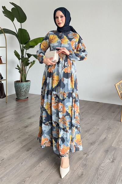 Patlı Desenli Şifon Antrasit Elbise