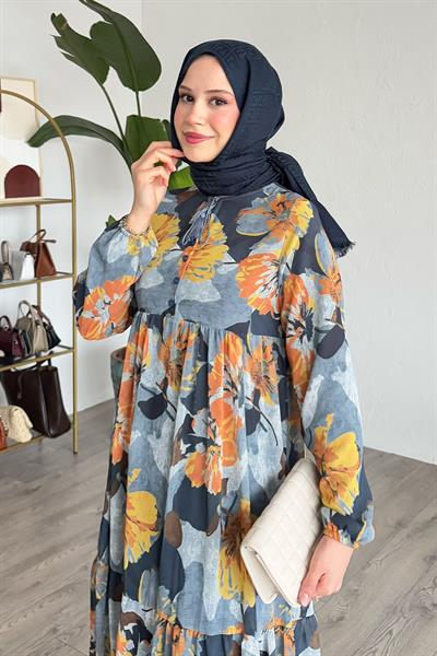 Patlı Desenli Şifon Antrasit Elbise