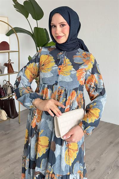 Patlı Desenli Şifon Antrasit Elbise