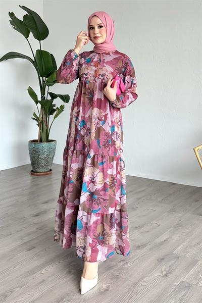 Patlı Desenli Şifon Pembe Elbise