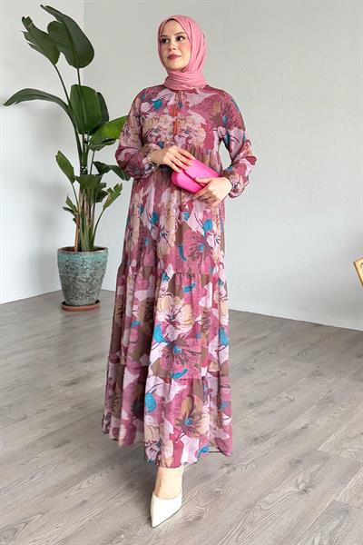 Patlı Desenli Şifon Pembe Elbise