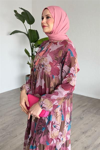 Patlı Desenli Şifon Pembe Elbise
