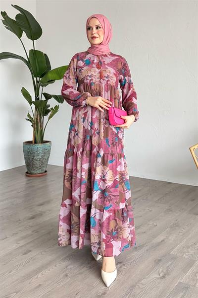 Patlı Desenli Şifon Pembe Elbise