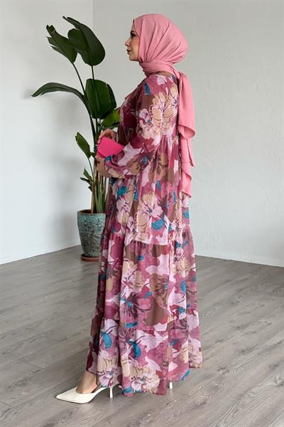 Patlı Desenli Şifon Pembe Elbise