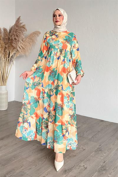 Patlı Desenli Şifon Turuncu Elbise