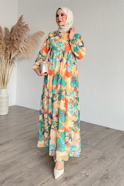 Patlı Desenli Şifon Turuncu Elbise