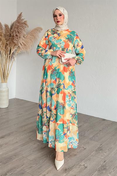 Patlı Desenli Şifon Turuncu Elbise