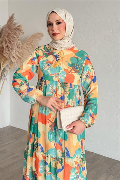 Patlı Desenli Şifon Turuncu Elbise