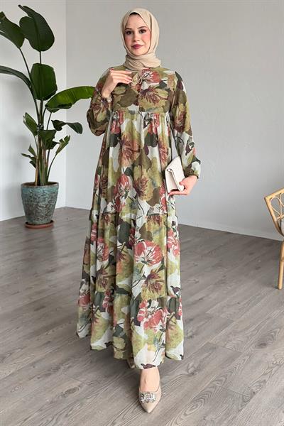 Patlı Desenli Şifon Yeşil Elbise