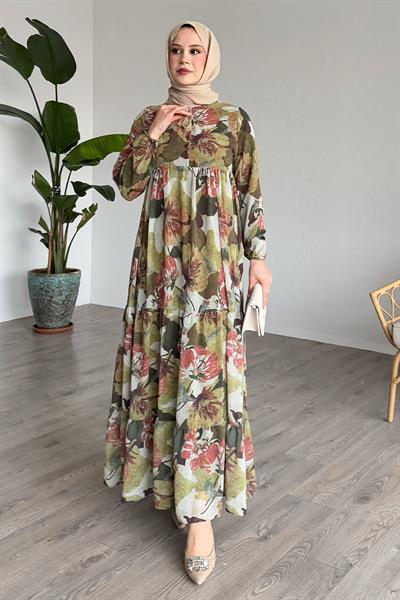Patlı Desenli Şifon Yeşil Elbise