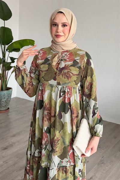 Patlı Desenli Şifon Yeşil Elbise