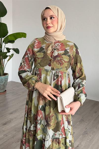 Patlı Desenli Şifon Yeşil Elbise
