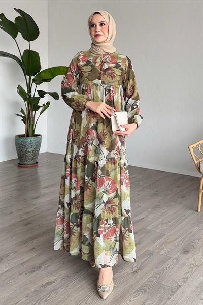 Patlı Desenli Şifon Yeşil Elbise