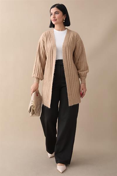 Peluş Fitilli Camel Triko Hırka