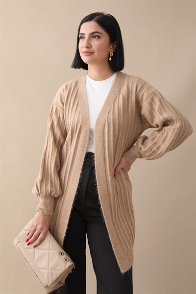 Peluş Fitilli Camel Triko Hırka