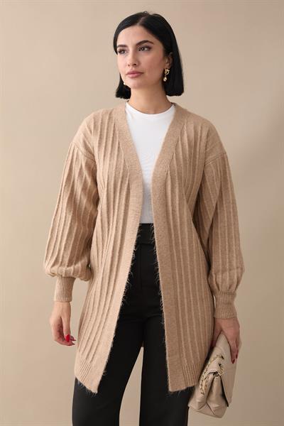 Peluş Fitilli Camel Triko Hırka