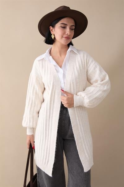 Peluş Fitilli Ekru Triko Hırka