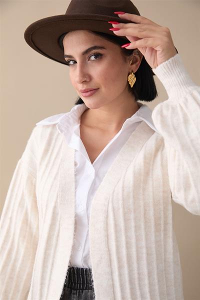 Peluş Fitilli Ekru Triko Hırka