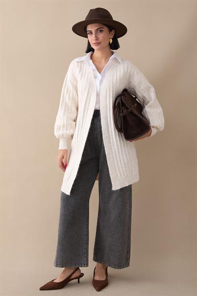 Peluş Fitilli Ekru Triko Hırka