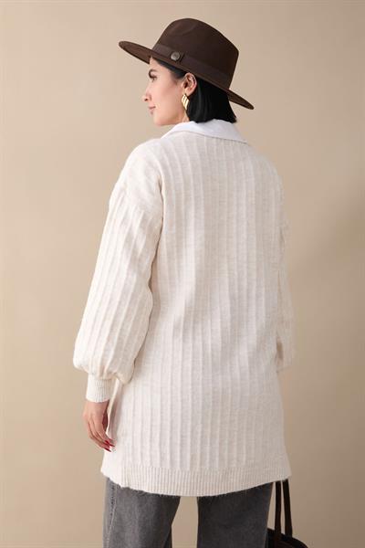 Peluş Fitilli Ekru Triko Hırka