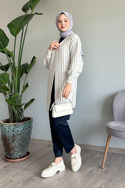 Peluş Fitilli Gri Triko Hırka