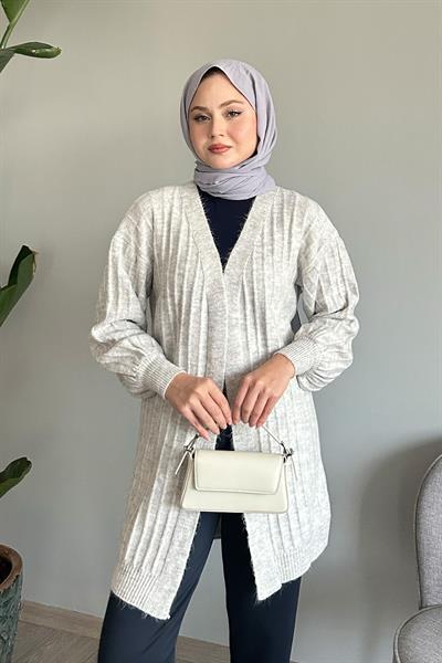 Peluş Fitilli Gri Triko Hırka