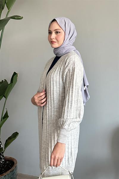 Peluş Fitilli Gri Triko Hırka