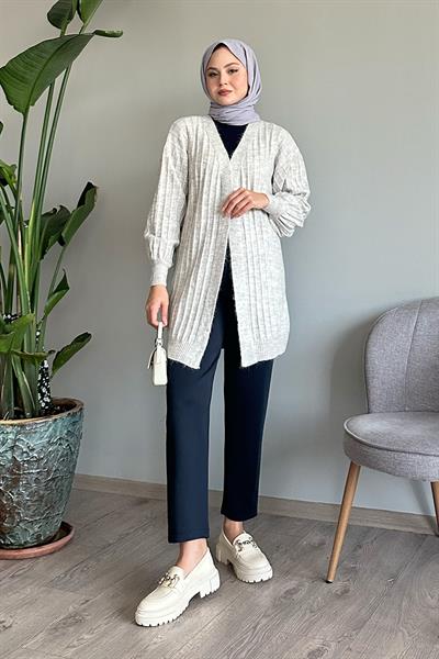 Peluş Fitilli Gri Triko Hırka