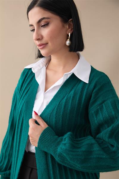 Peluş Fitilli Zümrüt Yeşili Triko Hırka