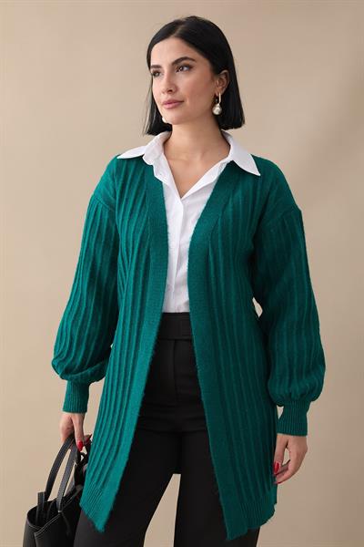 Peluş Fitilli Zümrüt Yeşili Triko Hırka